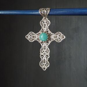 Designer Signed DGS STERLING SILVER 925 Larimar 3" CROSS PENDANT Filigree 🩵